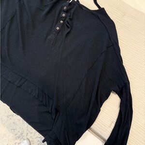 Free People Black Buttoned Ruffled Sweater